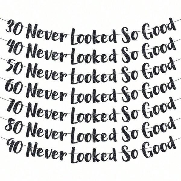 1Set,30/40/50/60/70/80/90 Black Never Looked So Good Gold DIY String Glitter Banner - 30th/40th/50th/60th Anniversary And Birthday Party Decorations-Golden Milestone Glitter Banner - Sparkling 30th/40th/50th/60th/70th/80th Birthday Party Decorations