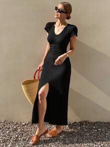Livesso Vestido de tubo de unicolor con cuello en V y longitud hasta la rodilla para mujer, vestido de verano - Negro - Ver 4