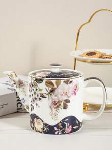 1pc Luxury Ceramic Teapot, White & Blue Rose Floral Round Teapot, Suitable For Home, Club, And Tea House Use
