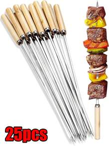 25 pièces de brochettes de barbecue en acier inoxydable 304 à poignée en bois anti-brûlure, réutilisables, brochettes larges