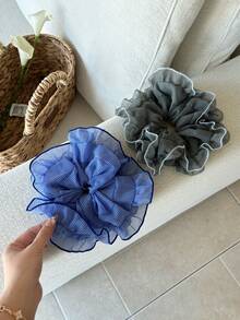 韩国蓝灰色格子网状荷叶边发圈优雅简约蓬松甜甜圈风格发圈，大号发饰，发圈，发球，休闲 - 彩色 - 查看 10