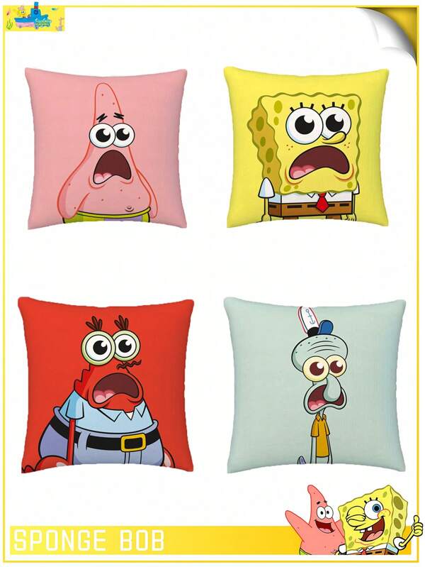 1 pieza Funda de almohada con patrón de dibujos animados con tema de Bob esponja, con Bob Esponja, Squidy, Mr. Kcrab, hecha de material de poliéster súper suave y cómodo, lavable a máquina, adecuada para sofá, cama, decoración de dormitorio, todo el año, suministros de sofás, regalos de ropa de cama sin relleno, regalo del Día de San Valentín, Navidad, cumpleaños, aniversario, Día especial