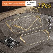 3pcs Transparent Elegant Golden-Rimmed Rectangular Trays Set, Large/Medium/Small PTE Transparent Serving Platters With Handles - Ideal For Fruits, Snacks, Pastries | Perfect For Parties & Festivals, Trays For Serving Food, Party & Festival Essenti - Transparent Gold - View 1