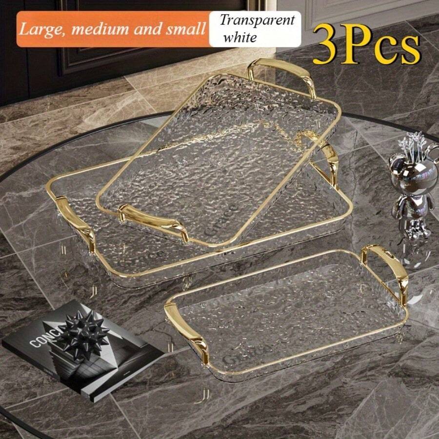 3pcs Transparent Elegant Golden-Rimmed Rectangular Trays Set, Large/Medium/Small PTE Transparent Serving Platters With Handles - Ideal For Fruits, Snacks, Pastries | Perfect For Parties & Festivals, Trays For Serving Food, Party & Festival Essenti - Transparent Gold - View 1