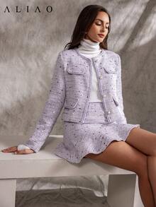 Aliao 精致亮片粗花呢外套，秋季上衣，优雅端庄的女士上衣，返校服装，秋季女装，婚礼宾客上衣 - 淡紫色 - 查看 1