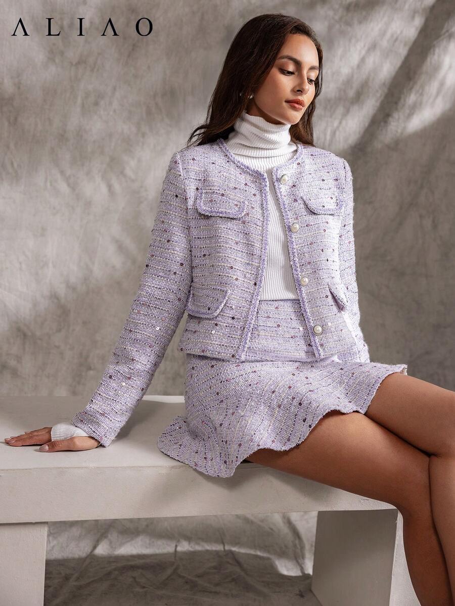 Aliao 精致亮片粗花呢外套，秋季上衣，优雅端庄的女士上衣，返校服装，秋季女装，婚礼宾客上衣 - 淡紫色 - 查看 1