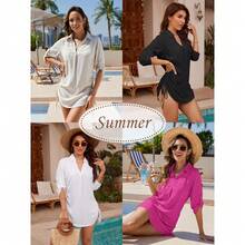 Local Delivery Women's Summer Swimwear Drawstring Beach Bikini Dress Shirt Swimsuit Cover - Up Bathing Suit Coverup - 黑色 - 查看 7