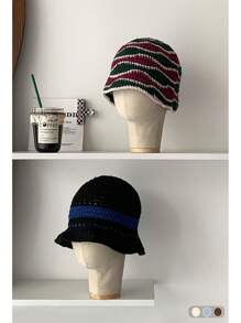 1pc Vintage Striped Handmade Hollow Out Bucket Hat, Women Summer Outdoor Sun Protection Hat, Contrast Color Stripes Handcrafted Knitted Bucket Hat, Women Autumn/Winter Outdoor Petite Size Knitted Cap, Versatile Autumn Accessories