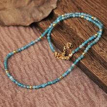 波西米亚法式蓝色项链，配天然宝石天然蓝色磷灰石珠 - Aquamarine - 查看 4