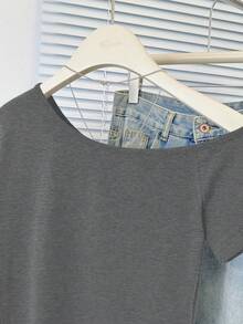 性感不对称领短袖修身露脐T恤 夏季 - 深灰 - 查看 8