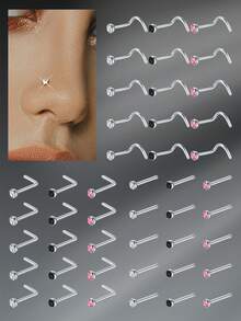 CIZME 15Pcs/Set 20g 7mm Nose Rings Studs For Women Nose Rings Stainless Steel Real Stud Nose Rings L Shaped Corkscrew Bone Nose Piercing Stud Jewelry Hypoallergenic Colorful CZ Dia 2mm Silver Color - Silver - View 3