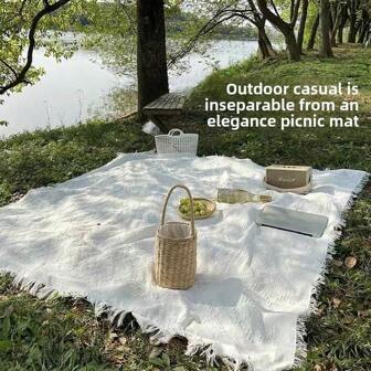 1 Pc Elegant White Outdoor Camping Mat, Picnic Blanket, Bohemian Camping Rug, Beach Towel, Furniture Covering, Reversible Fabric Mat With Multiple Uses
