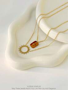 YUZENG 1 件防水 14k 镀金不锈钢法式优雅风格宝石太阳吊坠多层项链女士 - 金黃色 - 查看 10