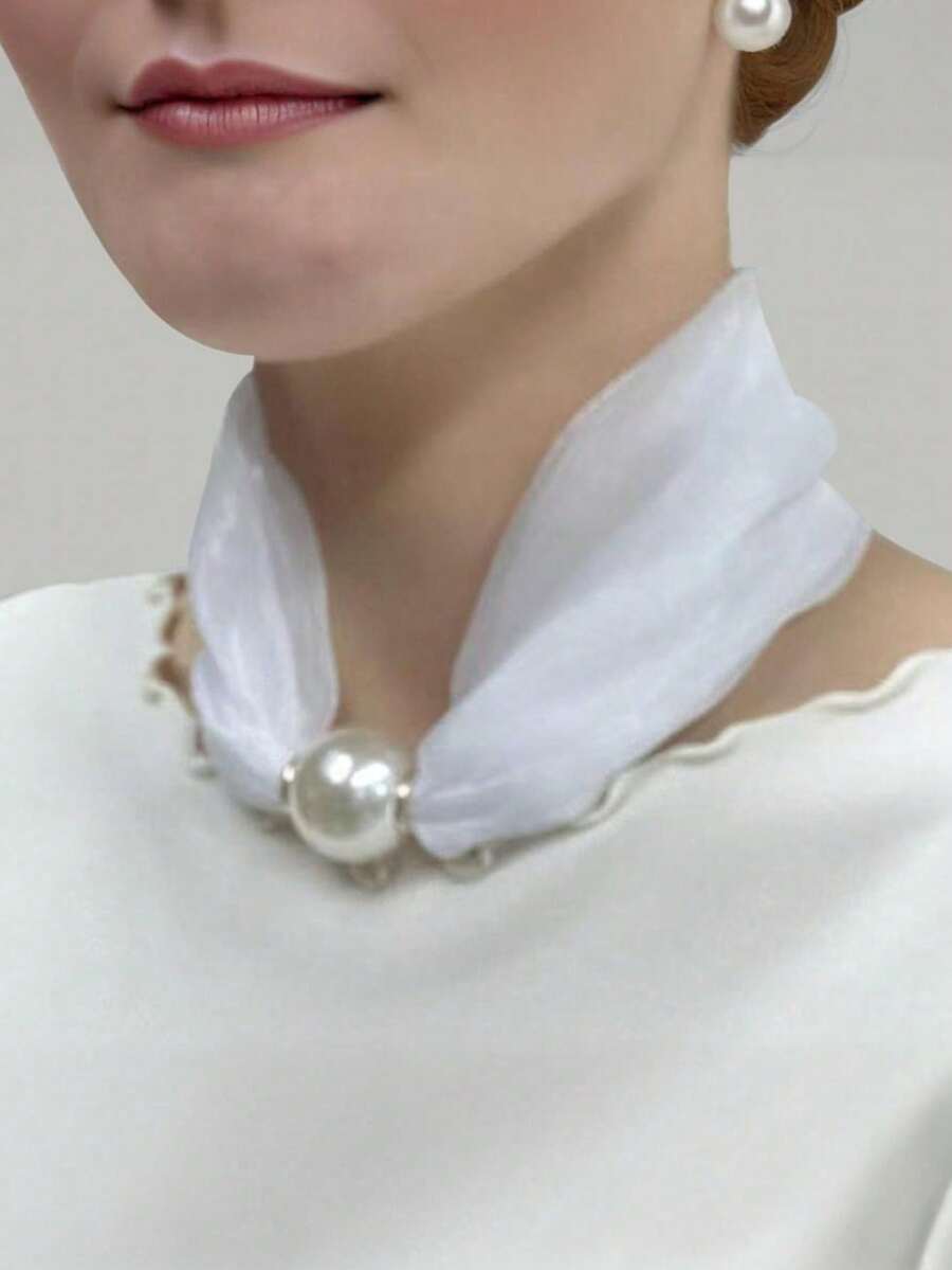 Elegant Ladies' Decorative Scarf And Neck Accessory - Polyester, Solid Color, Yarn-Dyed, Non-Elastic, Hand-Washable, Fashionable Black, Red, Green, Purple, White, Fashionable Neck Accessory, Fashionable Neck Accessory Polyester Fabric,It Is The Perfect Gift For Christmas Or Valentine's Day - White - View 1