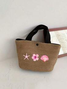 1 pezzo Borsa a tracolla stile bohémien con stampa di ibisco mutabilis, stella marina, cocco e lettera, adatta per la spiaggia e le vacanze, leggera per uso quotidiano, commuting e shopping, elegante borsa estiva da viaggio, borsa da spiaggia estiva alla moda (misura mini)