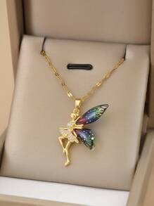 1pc Stainless Steel Fully Rhinestoned Angel Wings Luxury Necklace For Women