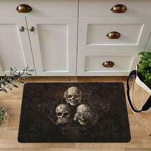 1件装柔软可水洗涤纶骷髅图案万圣节地毯，适用于客厅、卧室、游戏室和浴室 - 柔软家居装饰浴室配件玄关装饰厨房地毯 - 黑色 - 查看 2