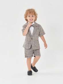 BOARNSEORL 2pcs Young Boys Gentleman Outfit - Plaid Short Sleeve Suit With Bowknot And Shorts, Fashionable & For Birthday Party, Formal Event, Wedding - Khaki - View 2