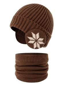 1件装雪花图案儿童护耳帽围巾套装，针织，保暖内衬，加厚，适合冬季户外骑行