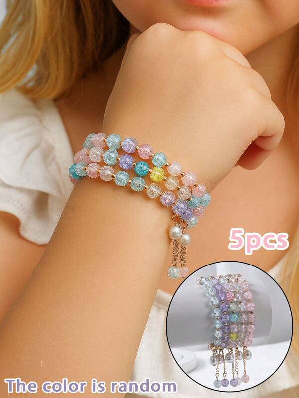 5pcs Handmade Faux Pearl & Flower Pendant Elastic Bracelet, Suitable For Daily Wear, Outings, Vacations, Small Gifts, Parent-Child Jewelry, Balls, Performances, Parties, Fashionable & Elegant Jewelry Accessories For Girls (Random Mixed Color Beads)