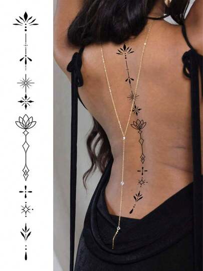 1片大号防水临时脊椎纹身贴纸，性感背部假纹身，持久简约脊椎纹身设计，易于使用，适用于背部、胸部及其他部位，草本染料可持续7-14天，是圣诞派对和音乐节的必备单品。