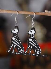 1 Pair Gothic Style Skull, Flamingo, Dog, Cat Pendant Earrings For Women, Vintage Wooden Double-Sided Earrings, Halloween Party Gift