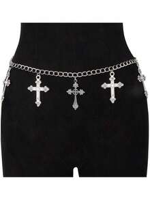 1 pieza Cinturón con decoración de cruz, accesorio de moda de estilo punk versátil para verano, escuela, otoño, Halloween - Plateado - Ver 1