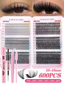 CMAYOME 600/570片D型卷翘分段式假睫毛套装，30D+40D+50D+60D+80D+100D混合浓密黑色自然蓬松单根假睫毛，居家DIY，大容量，新手易上手，持久舒适佩戴，适合派对、节日、婚礼等场合，8-16mm混合长度睫毛套装 - 黑色 - 查看 17