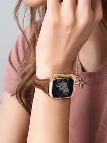 Correa de reloj de cuero genuino para mujer, se ajusta a 38/40/41mm, 42/44/45/46/49mm, diseño delgado y de moda para señoritas, compatible con SE/S10/S9/S8/S7/S6/S5/S4/S3/S2/S1, correa ajustable ultra delgada y suave, correa marrón con caja de oro rosa, 2 en 1 protector de reloj y correa - Marrón - Ver 9