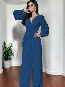 Mono De Pierna Ancha Casual Elegante Escote V profundo Manga Larga Bombacha Con Cinturón Ajustable Para Mujer - Azul Petroleo - Ver 2