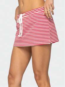 Women Y2k Mini Skirts Solid Color Low Rise Drawstring Skirts Elastic Waist Bow Front Short Skirt Stretchy Side Slit Pencil Skirts Summer Casual Streetwear - 紅白色 - 查看 5