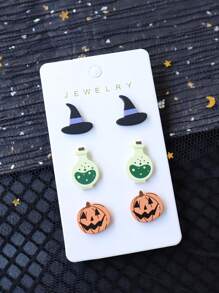 3 Pairs Halloween-Themed Acrylic Dangle Earrings With Baked Enamel Wizard Hats & Sugar Skull Pumpkin Bat Design, Cute And Fun Party Gift Earrings For Women Girls
