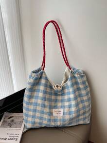 新款优雅刺绣花环蝴蝶结字母大容量托特包，女士时尚百搭单肩手提包，适合夏季户外旅行沙滩，格纹休闲单肩托特包，旅行包 - 淺藍色 - 查看 6