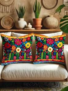 1/2/4件装 充满活力的墨西哥波西米亚风抱枕套 - 花卉仙人掌图案，柔软天鹅绒装饰靠垫套，适用于客厅、卧室、沙发，拉链封口，可机洗，不含枕芯，墨西哥家居装饰，秋季装饰，房间装饰 - 彩色 - 查看 6