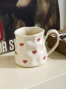 1pc INS Style Large Capacity Ceramic Mug With Bowknot & Heart Design, Handcrafted Asymmetrical Coffee Cup, Suitable For Home Breakfast, Milk, Oatmeal, Garden Afternoon Tea, Latte Art, Juice & Couple Water Cup