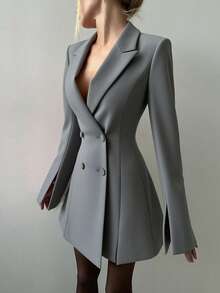 女士优雅修身喇叭袖双排扣开衩袖口及下摆西装外套，适合商务休闲通勤、日常办公穿着、约会、度假、派对、街头穿搭等场合，春季必备。 - 灰色 - 查看 4