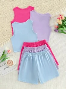 6件套少女休闲运动风纯色无袖背心和简约短裤套装，夏季 - 彩色 - 查看 2