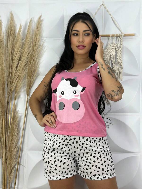 Baby Dol Vaquinha Regata Adulto Verão Pijama Curto Feminino Shortinho Estampado