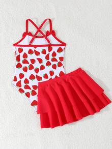 Young Girl Strawberry Print Bow Decor One-Piece Swimsuit With Skirt - Multicolor - View 3