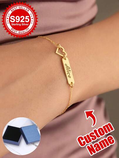 Pulsera personalizada de plata de ley 925 con charm de corazón y nombre - Regalo personalizado para novia, hermana, mejor amiga, mamá y uno mismo - Ideal para cumpleaños, aniversario, San Valentín, graduación, uso diario y recuerdos amorosos