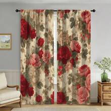 2pcs Glam Style Floral Printed Curtains, Semi-Sheer Polyester Flannel, Machine Washable, Rod Pocket Design, Unlined, Arts & Crafts Theme, With Red And Pink Rose Patterns For Living Room And Bedroom Decor