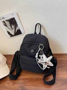 1 件尼龙背包，时尚休闲学院风格，配有五角星吊饰，适合女性日常使用 - 黑色 - 查看 2