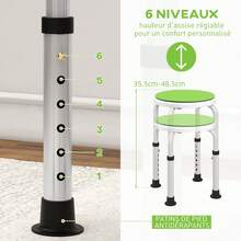 HOMCOM Tabouret de douche siège de douche tabouret de bain hauteur réglable 35,5-48,5 cm pivotant à 360° chaise de douche en aluminium et pied à caoutchouc TPR antidérapant max. 135 kg blanc et vert - Vert - Voir 3