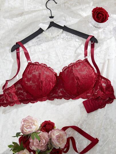 大码女士性感蕾丝拼接文胸，带蝴蝶结装饰，酒红色
