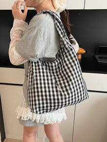 女士大容量托特包，2025新款彩色格纹单肩包，休闲百搭轻便通勤手提包，女士购物托特包，沙滩旅行包 - 黑色 - 查看 4