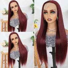 Purple Color Lace Front Wigs Pre Plucked Hairline Long Straight Wigs For Fashion Women Girls Party Daily Wear Glueless Dark Purple Lace Front Synthetic Wigs 13x4 Free Part Heat Resistant Fiber Hair 28 Inch 180% Density - 酒紅色 - 查看 4