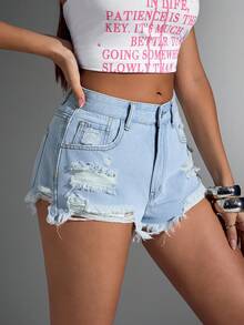 Jeanoix Pantaloni scurți din denim cu talie înaltă și rupturi și tiv brut