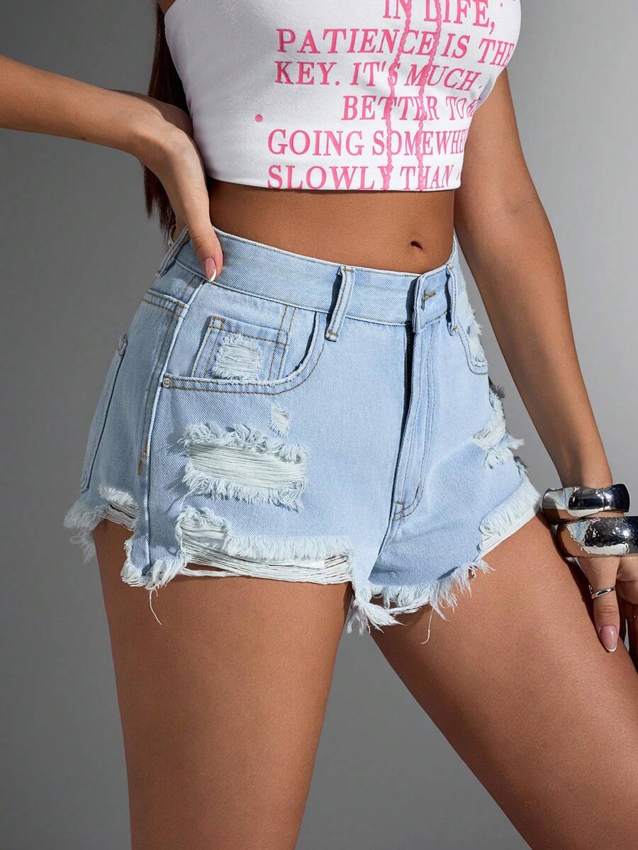 Jeanoix Pantaloni scurți din denim cu talie înaltă și rupturi și tiv brut