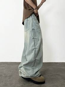 1 pieza Jeans de pierna ancha casual con estilo vintage patchwork, pantalón largo suelto y versátil con decoración de remaches (sin cinturón ni accesorios) - Azul - Ver 3