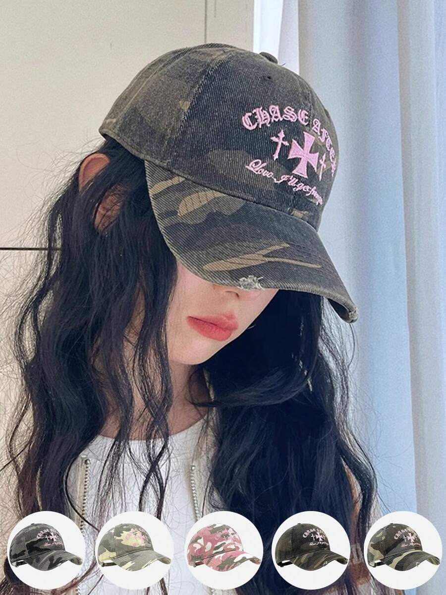 1pc Unisex American Retro Chic Camo Cross Embroidery Baseball Cap, Streetwear Style, Versatile For Summer - Peaked Cap - View 1